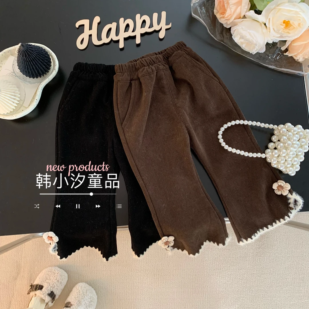 童装女童加绒裤子2024春装一体绒女宝宝儿童喇叭裤春秋加厚休闲裤