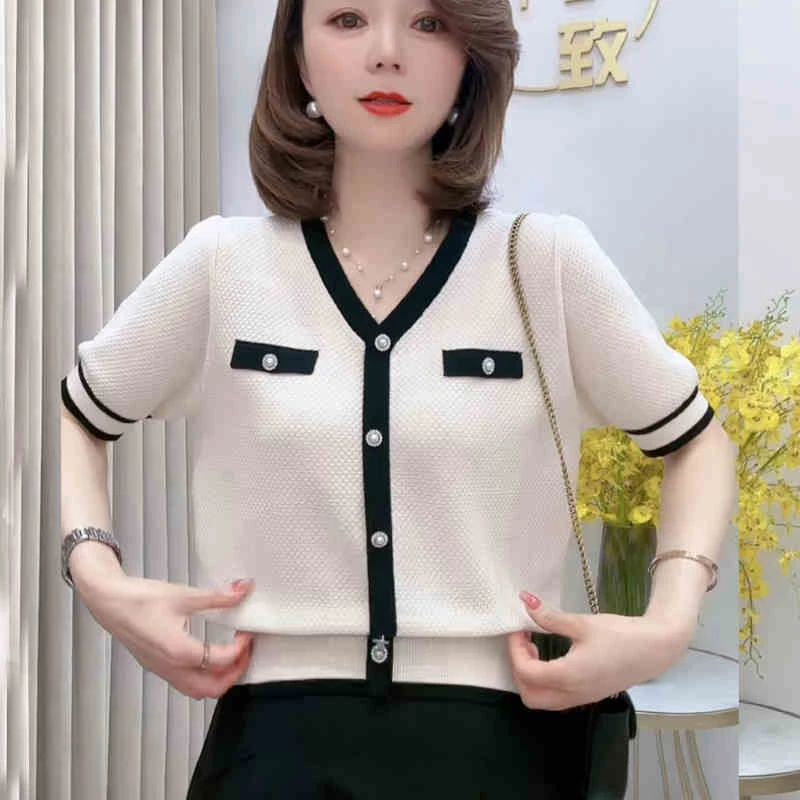 夏季V领简约女短袖针织短款妈妈装冰丝上衣减龄小香风洋气宽松T恤