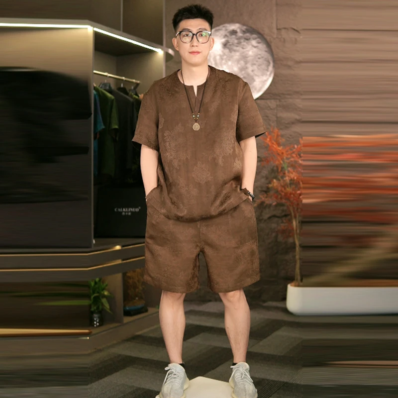 【孤品清仓款】香云纱花萝100桑蚕丝男士V领套装双面穿