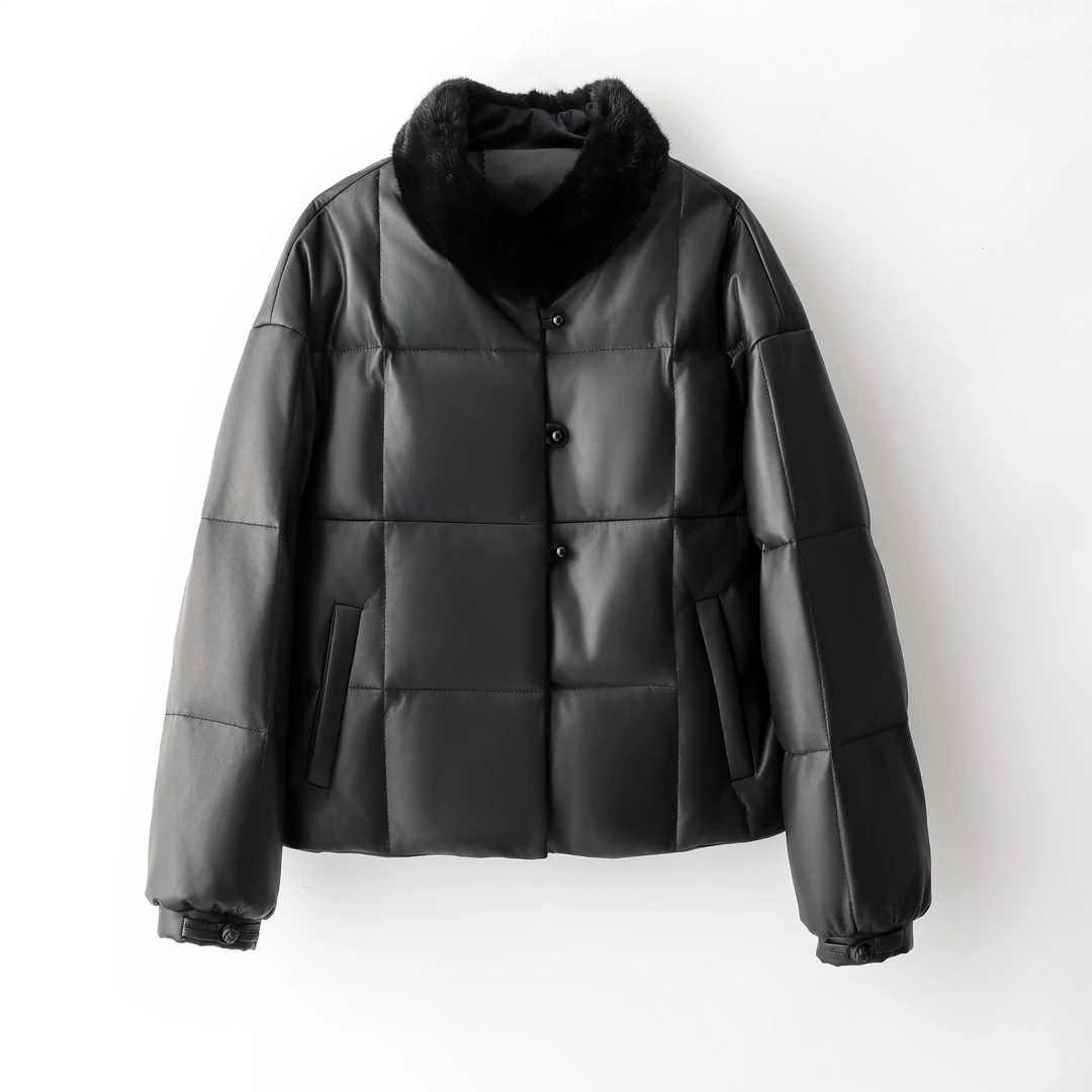 2024冬季新款中国风水貂毛领真皮皮衣女短款白鹅绒服外套
