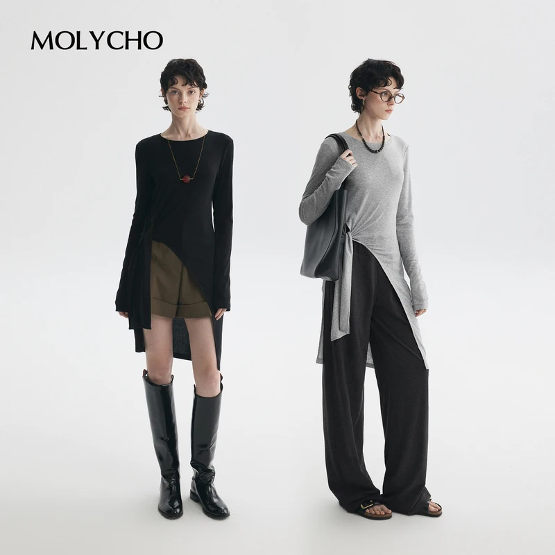 MOLYCHO｜不规则高级感/斜边绑结下摆T恤女长款上衣长袖罩衫外套