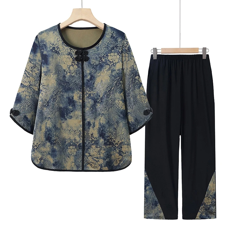 妈妈装夏装新款两件套女中老年人休闲t恤奶奶夏季套装老太太衣服
