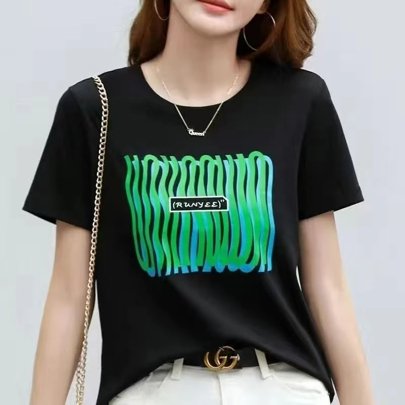 线条 女士纯棉短袖t恤新款圆领宽松半袖时尚洋气百搭女孩打底上衣