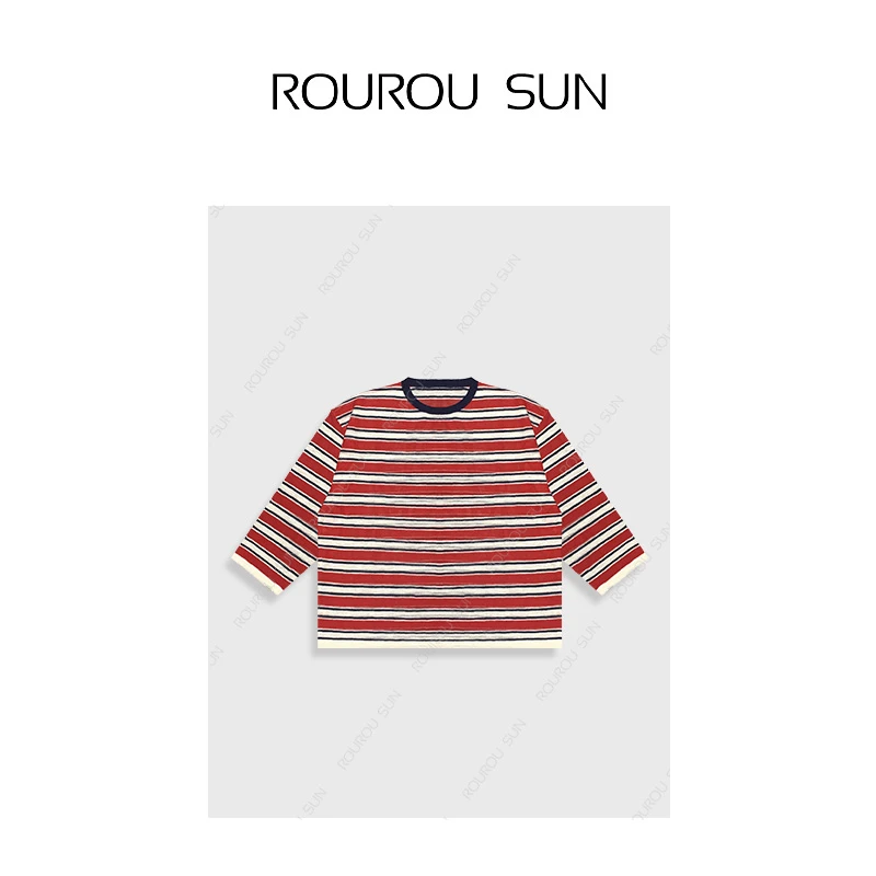 27122设计感美式休闲撞色条纹长袖t恤针织上衣女