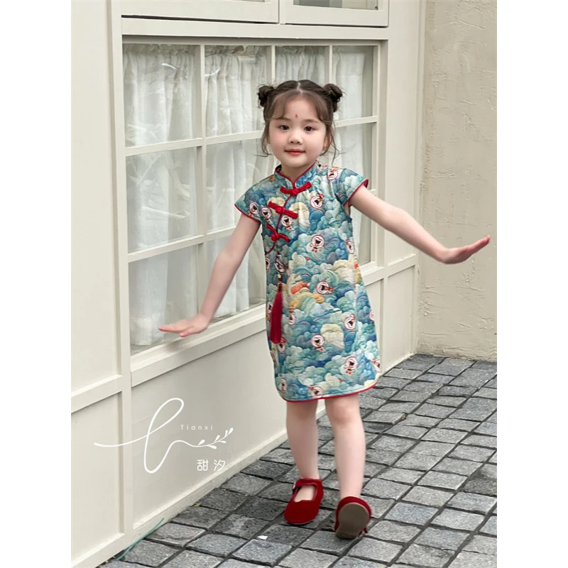 AC346~甜汐·25夏~哪吒印花旗袍裙86117