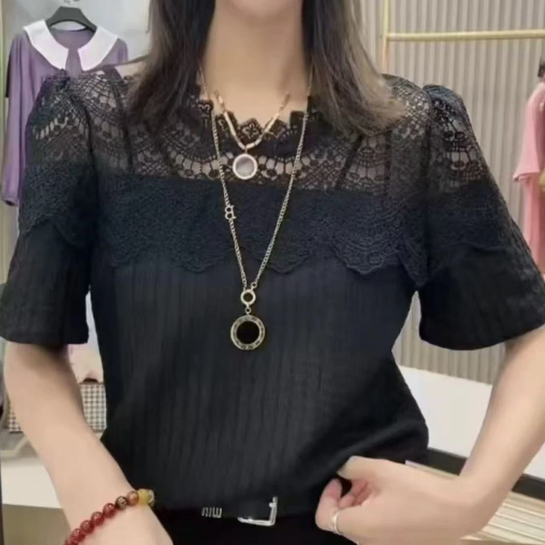 知性气质蕾丝拼接镂空提花打底衫半袖