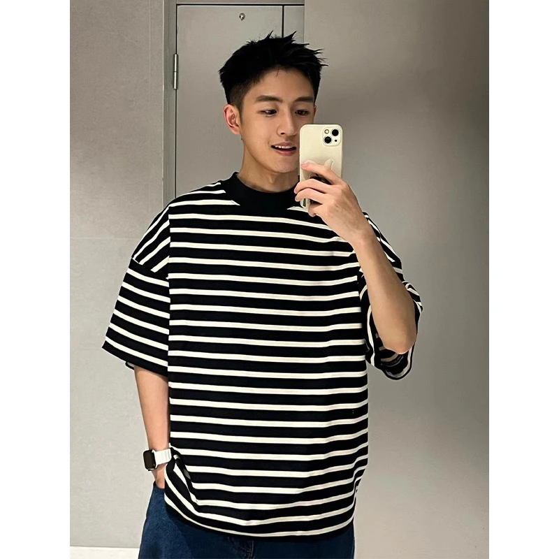 黑白条纹冰丝短袖男款夏季美式复古小领口t恤oversize情侣七分袖