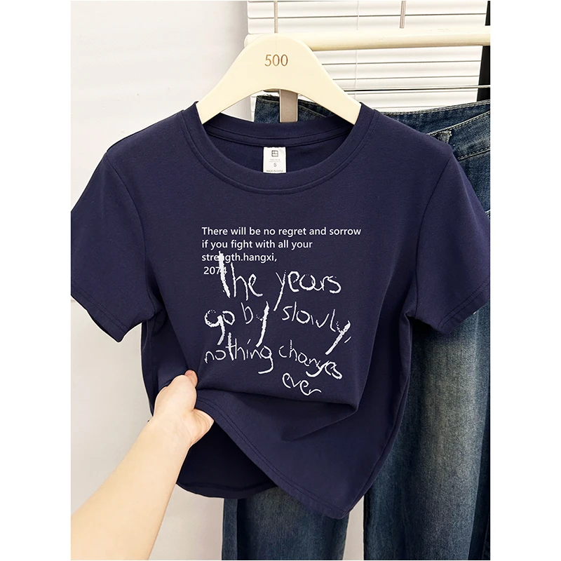 圆领正肩短袖t恤女韩系字母印花洋气设计感显瘦舒适百搭大码上衣