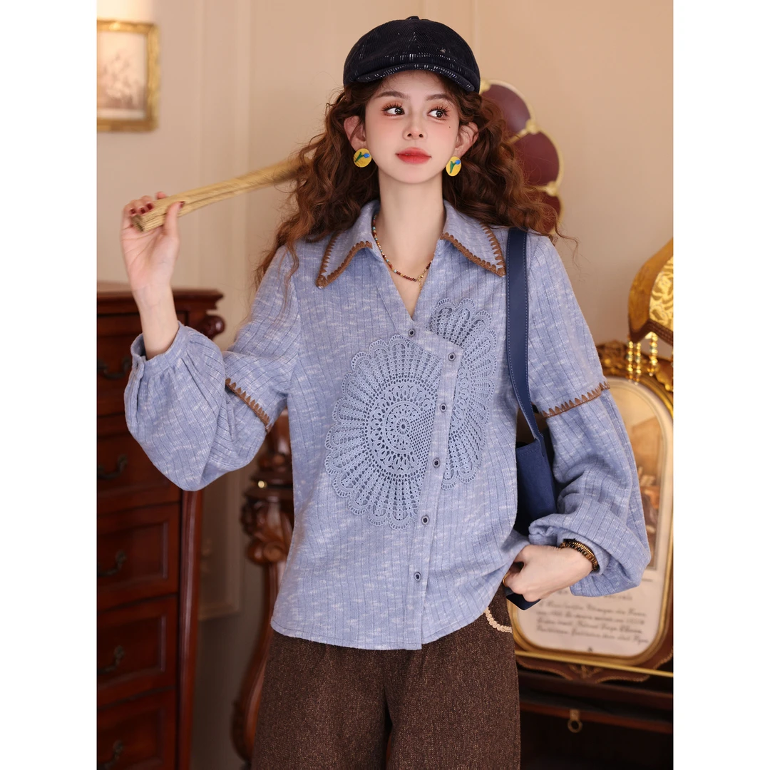 陈大器【晴空万里】复古港风秋冬拼接长袖百搭上衣衬衫JH5749338