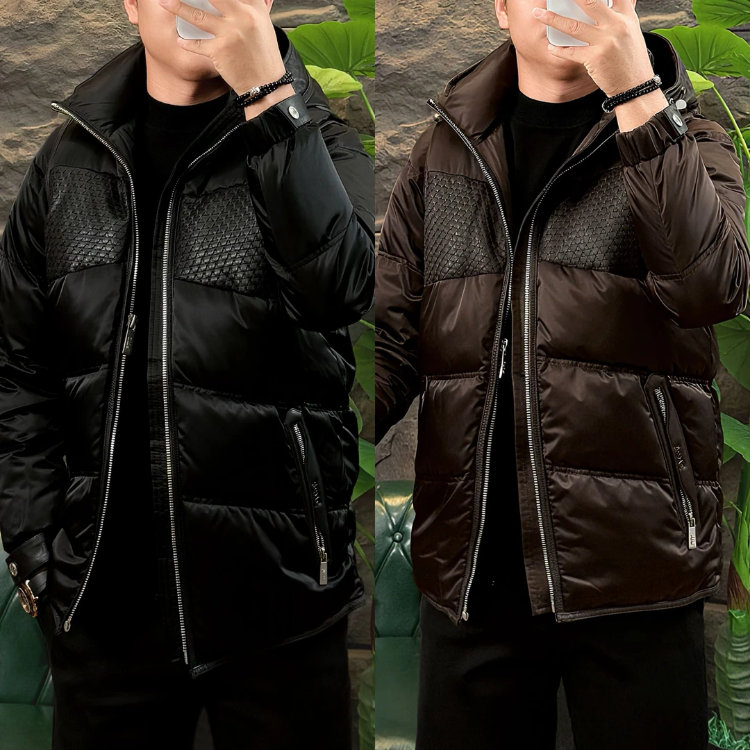 冬季高品质羽绒服可拆卸连帽皮质拼接白鸭绒外套8065