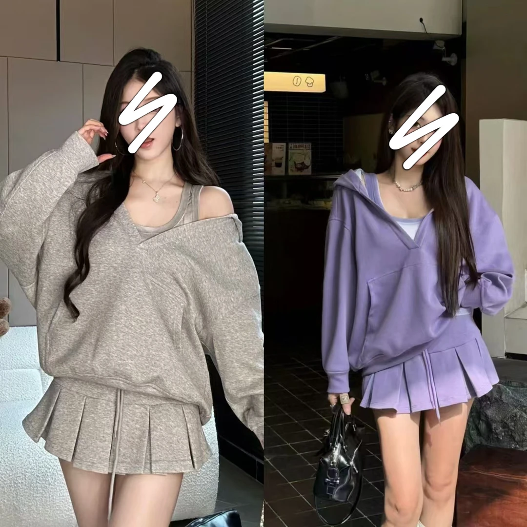 早春装搭配一整套休闲运动连帽卫衣短裙三件套装初秋2025新款女装