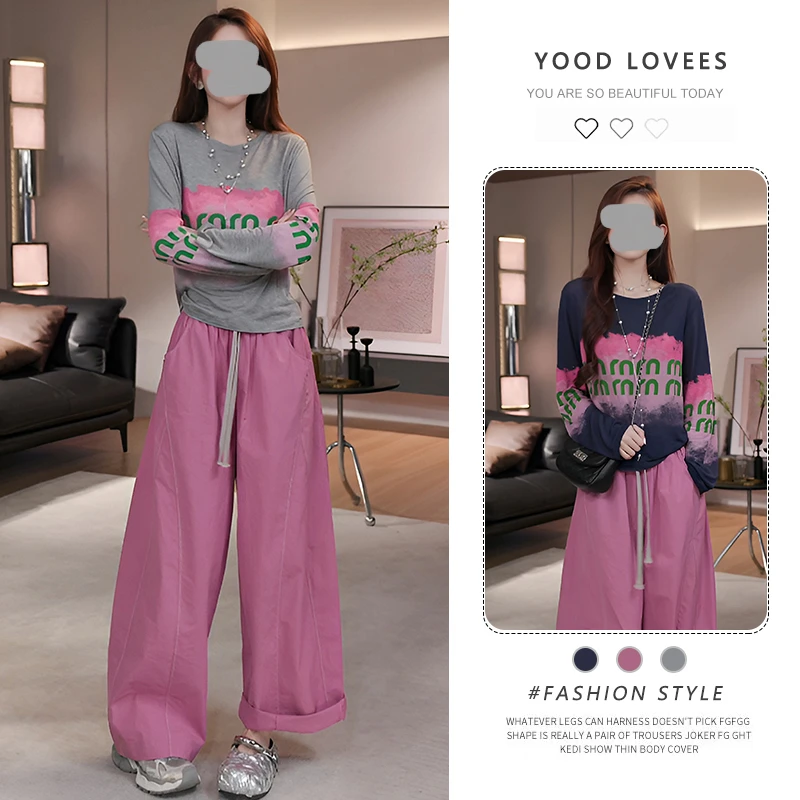 设计感小众字母印花防晒长袖T恤休闲长裤女2025夏季新款气质套装