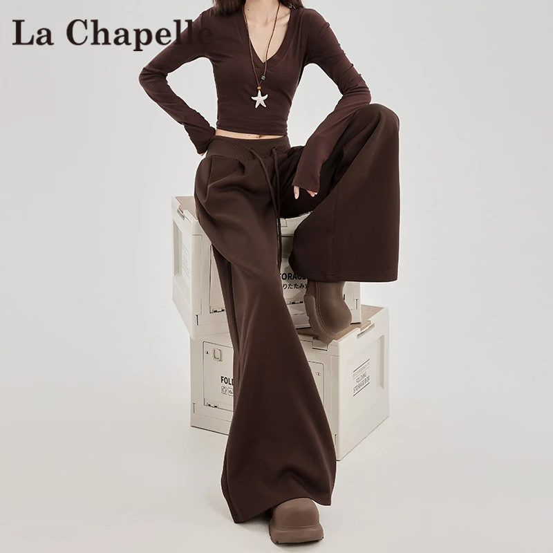 拉夏贝尔美拉德咖色阔腿裤女春秋季2025新款美式低腰直筒运动卫裤