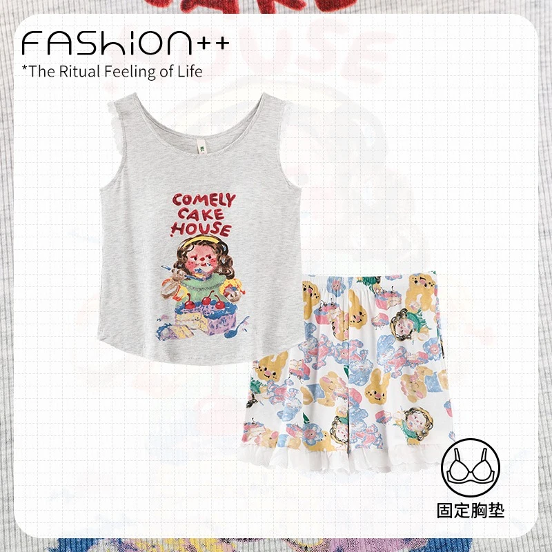 【带胸垫】卡通女孩氛围感睡衣女夏季薄款凉感莫代尔背心短裤家居服