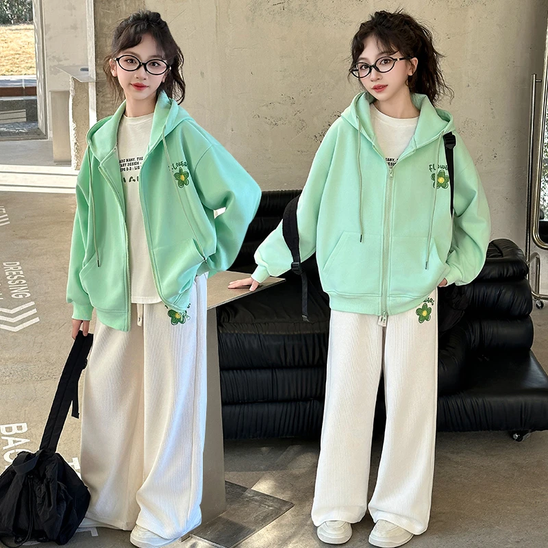 女童休闲花朵套装2025春季款中大童洋气连帽拉链外套阔腿裤两件套