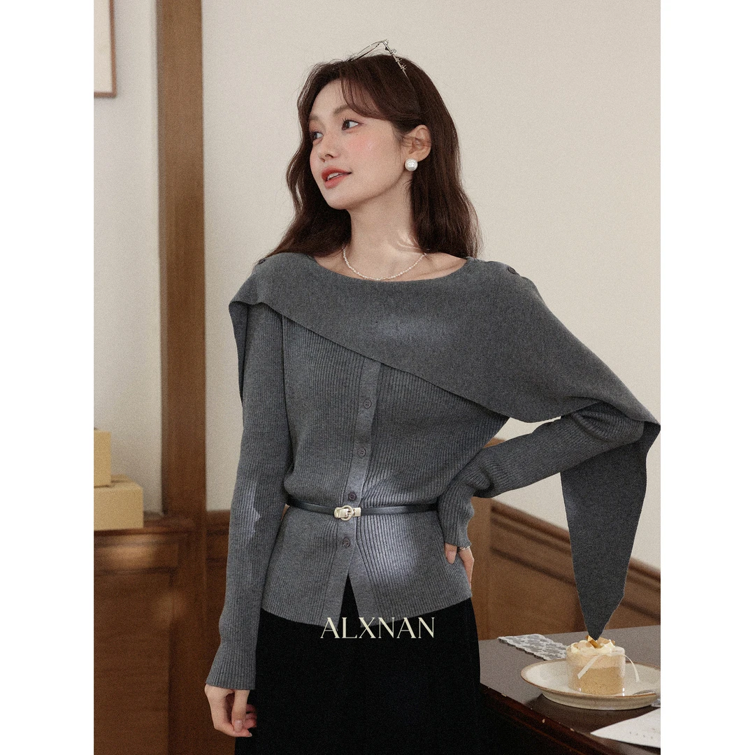 【清清】灰色长袖百搭毛针织衫女秋冬款设计感时尚上衣L59377