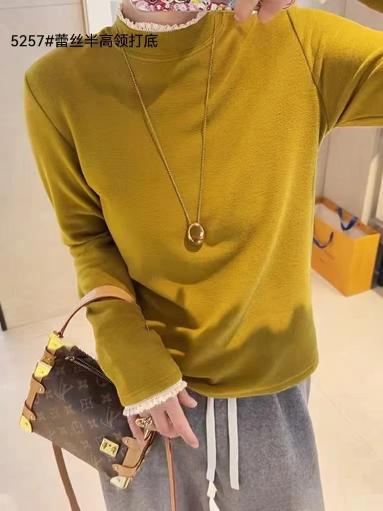 欧货女装时尚半高领蕾丝花边长袖打底衫欧洲站2024秋季新款T恤女