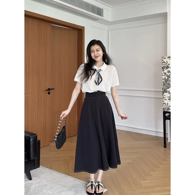 【现货速发】张阿星莱赛尔亚麻短袖+明线腰头高级感伞裙W425A07822