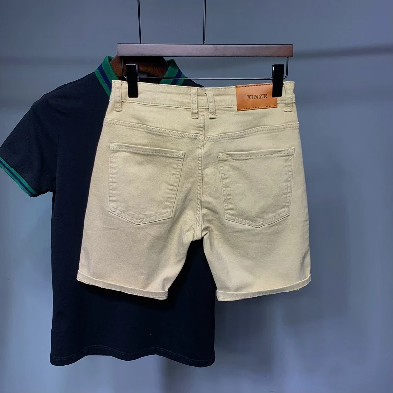 卡其色五分牛仔短裤男夏季薄款高端美式潮牌修身简约百搭休闲中裤