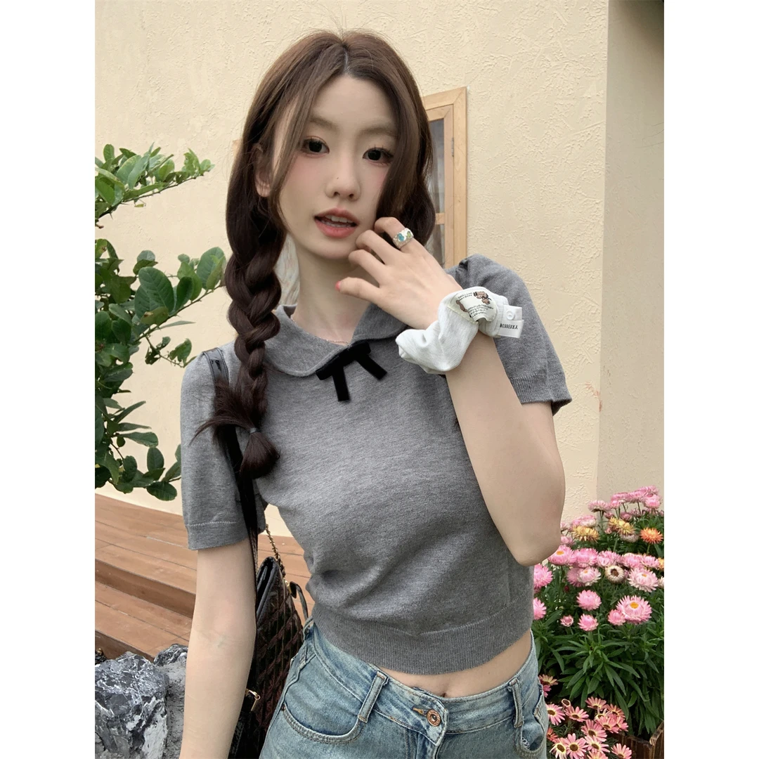夏季韩版娃娃领减龄蝴蝶结针织衫女2025新款设计感减龄短款上衣