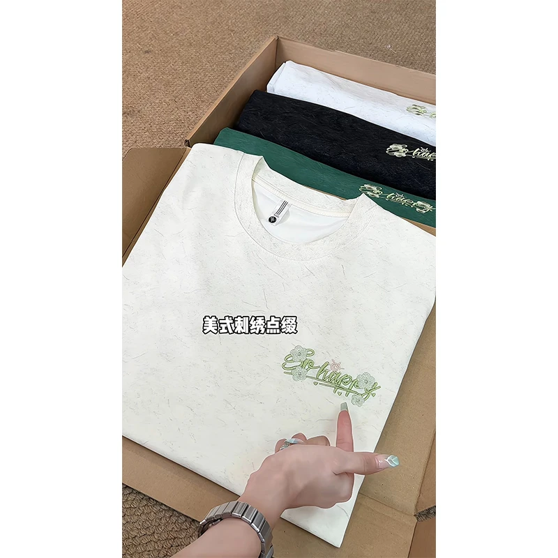 重磅砂洗刺绣长袖T恤男2025新款花卉字母打底衫宽松休闲圆领上衣