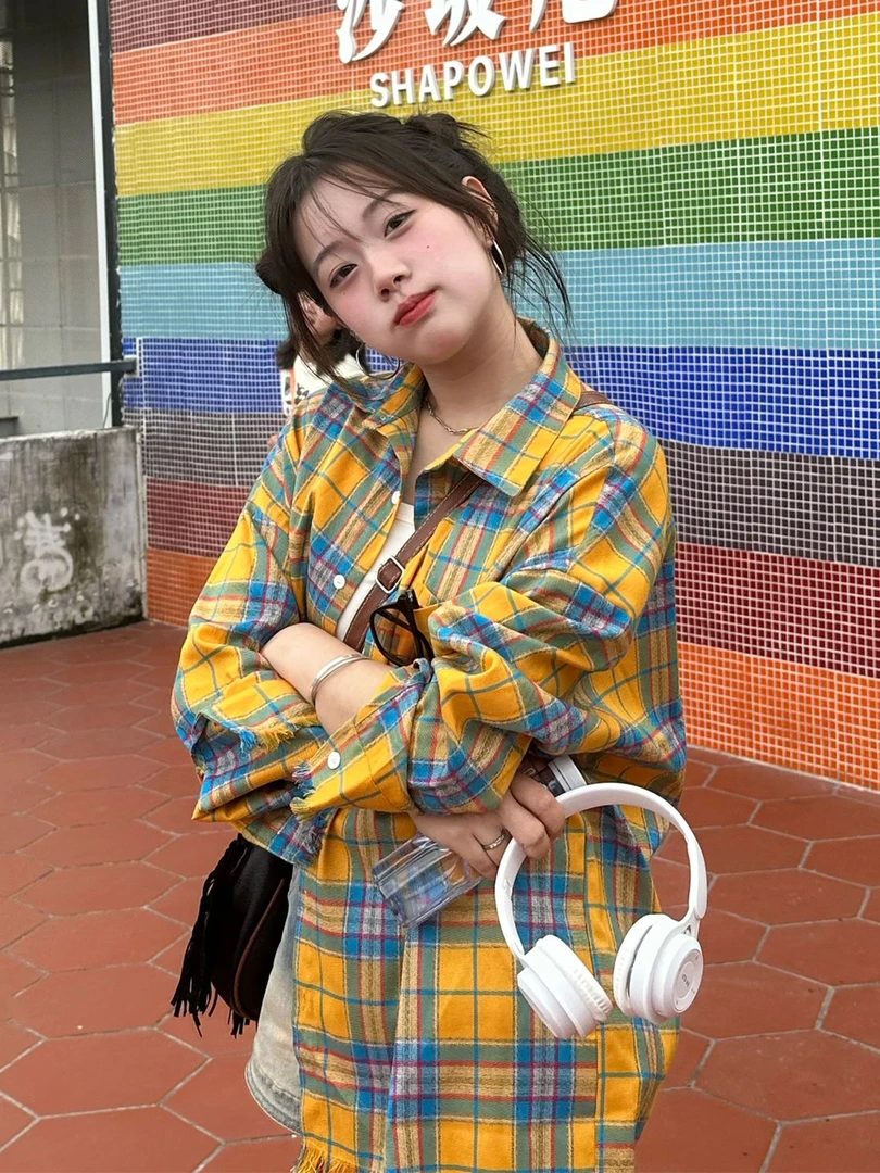 多巴胺美式黄色格子衬衫女夏季2025年新款衬衣外套设计感小众上衣