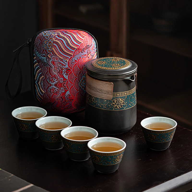 古韵陶瓷旅行茶具套装便携包式一壶五杯户外快客杯简约复古泡茶壶