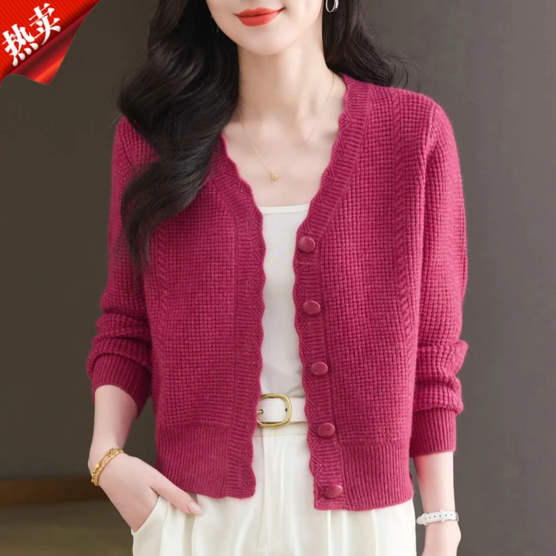 【原版正品】羊毛衫女短款毛衣外套时尚波浪花边小香风时尚针织开衫