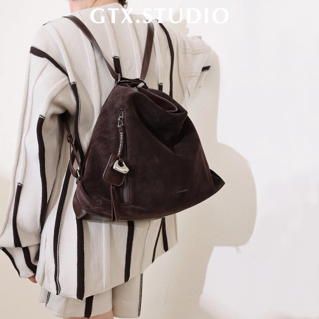 【谷田西】真皮麂皮托特包女大容量通勤旅游轻便双肩包高级感小众