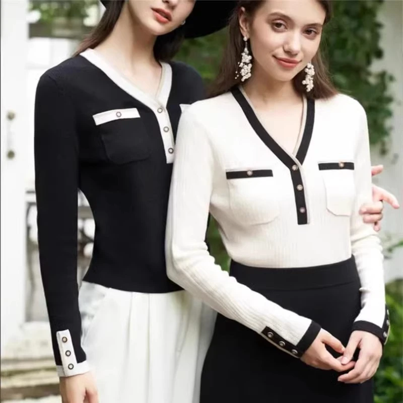 【商场同款】2025新款羊毛拼色V领针织衫女打底长袖毛衣A301120