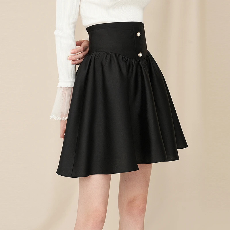 【诗语专属】Caroline秋新款高腰圆扣修身黑色蓬蓬公主裙ECRCCB73