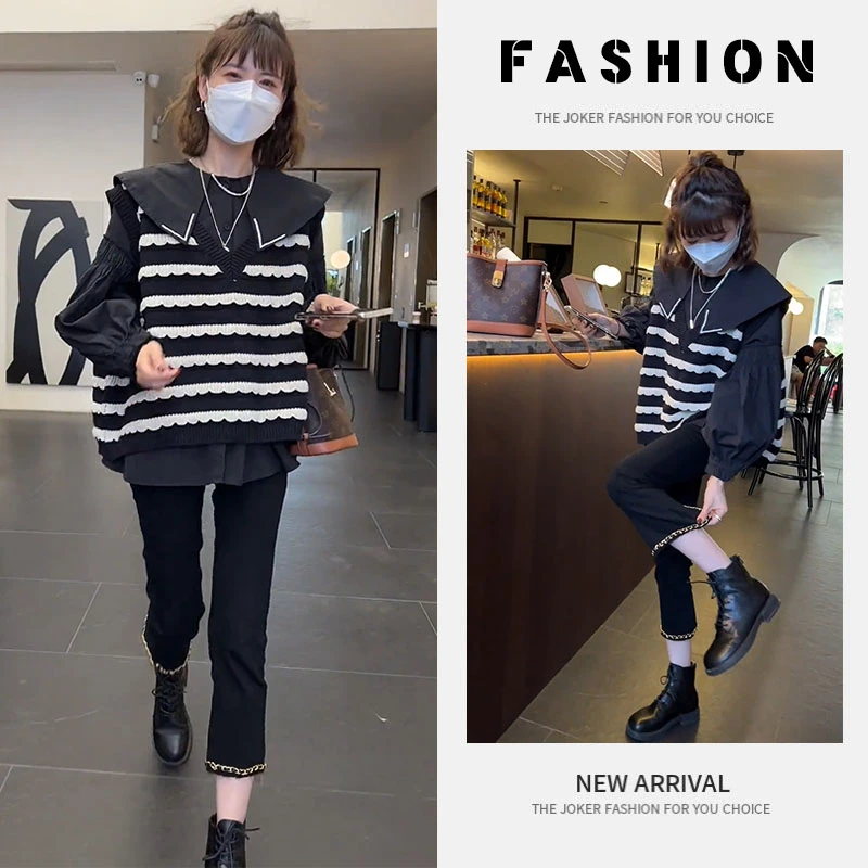 早春一整套女装2025新款韩版条纹背心荷叶边娃娃领衬衣长裤三件套