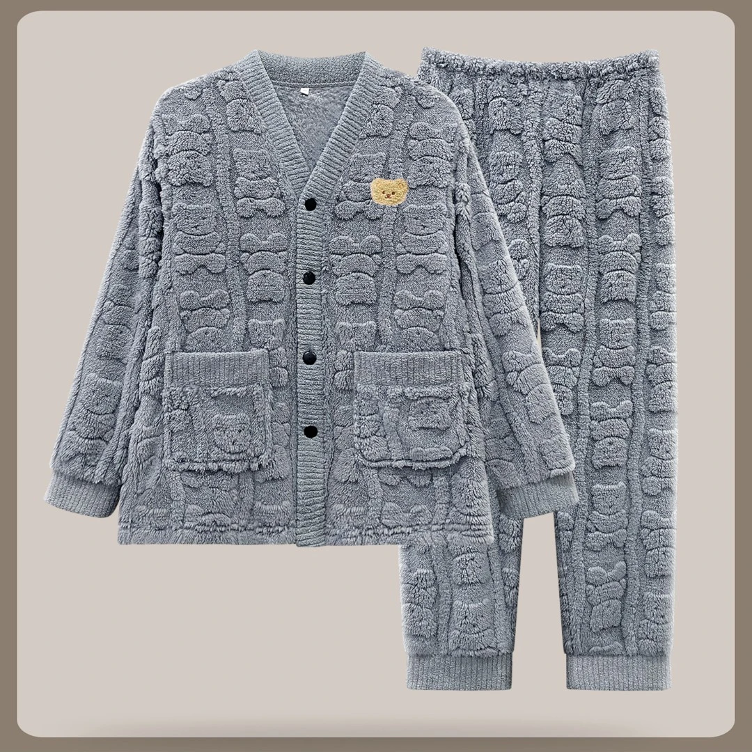 男士法兰绒睡衣男冬季双面绒加绒加厚保暖开衫家居服套装Y145