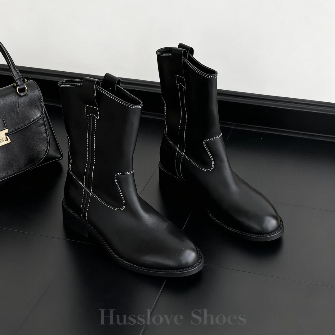 HUSSLOVE 头层牛皮·跟高3CM·时尚高级复古西部风简约做旧机车靴