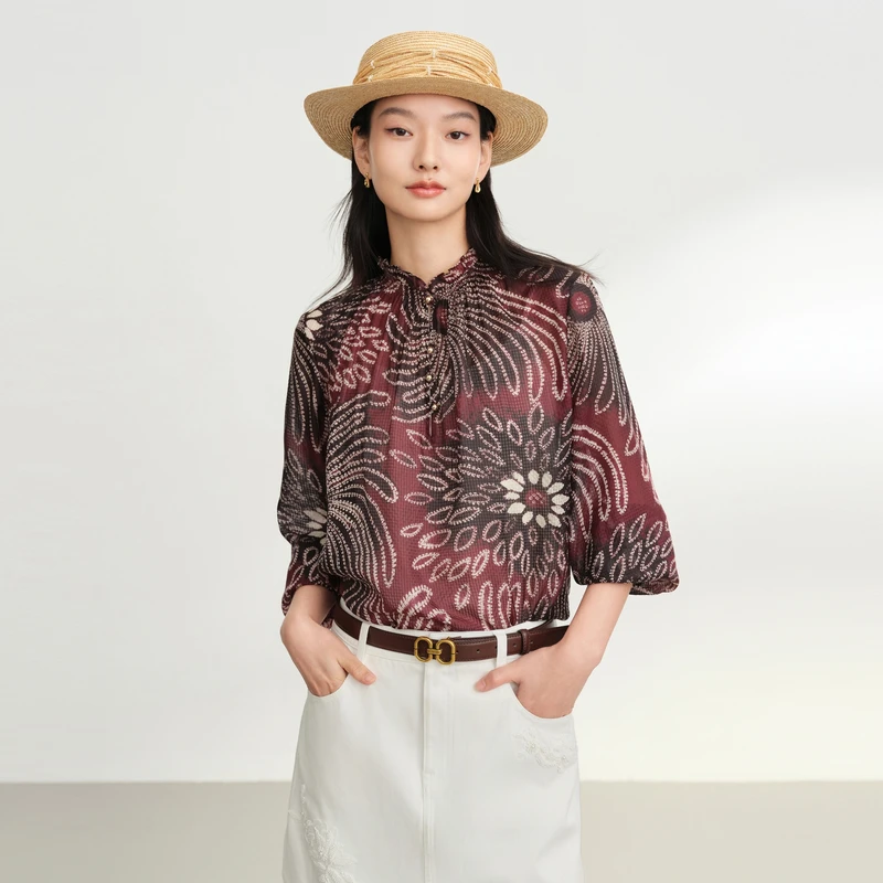 EP雅莹秋季新款女装 真丝酒红色气质印花桑蚕丝衬衫2312B