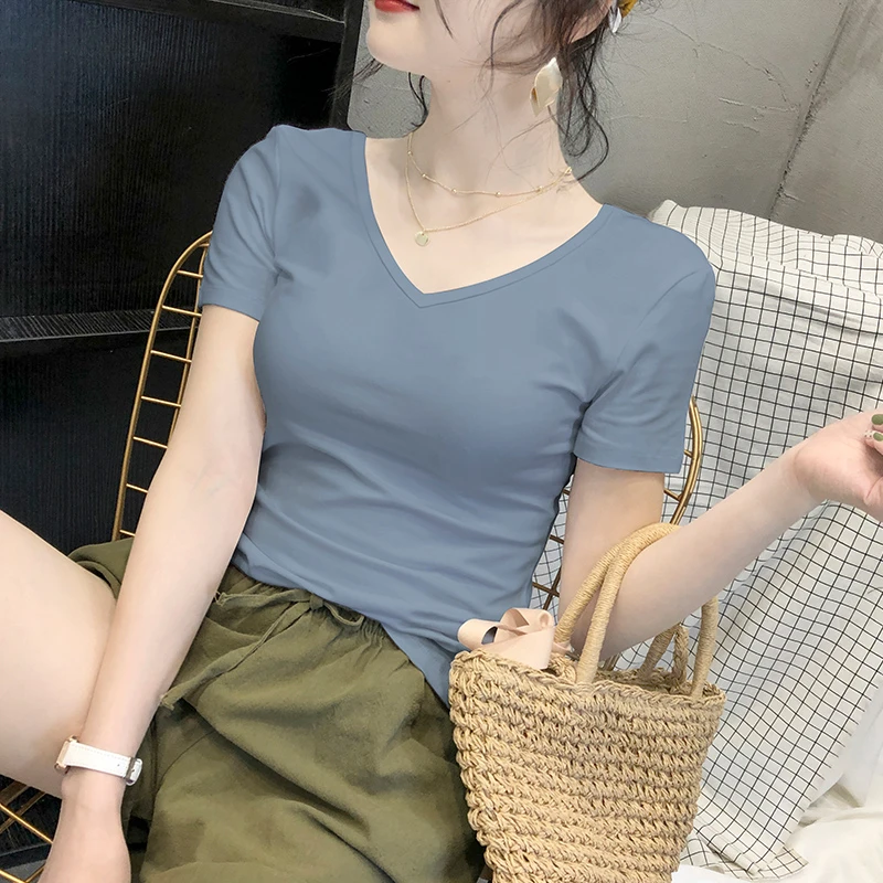 【嘉玘】v领短袖t恤女夏季2025年新款铁灰色棉修身百搭网红半袖上衣