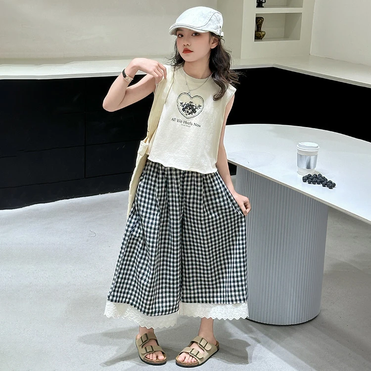 女童裤子2025新款儿童韩版中大童格子裙裤女孩夏装阔腿花边休闲裤