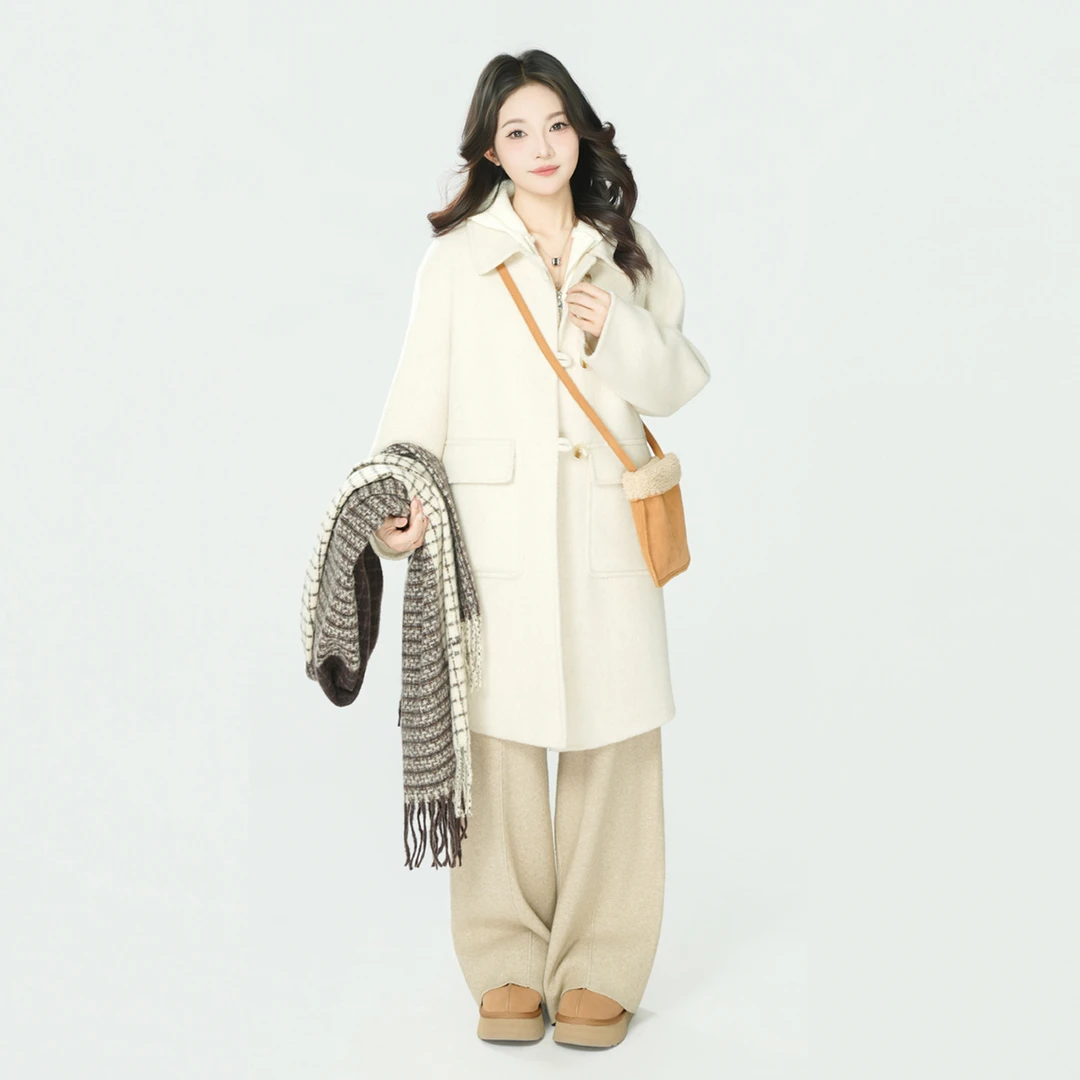 纯色韩版羊毛毛呢大衣翻领单排扣显瘦中长款气质外套556+5599两件