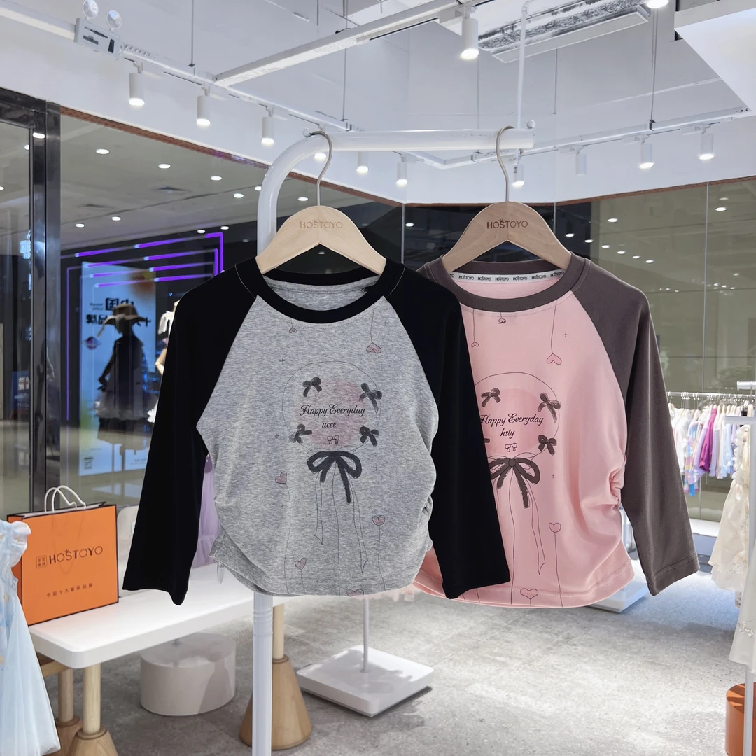 2025秋季女童新款休闲卡通印花水印拼色T恤衫17730235014