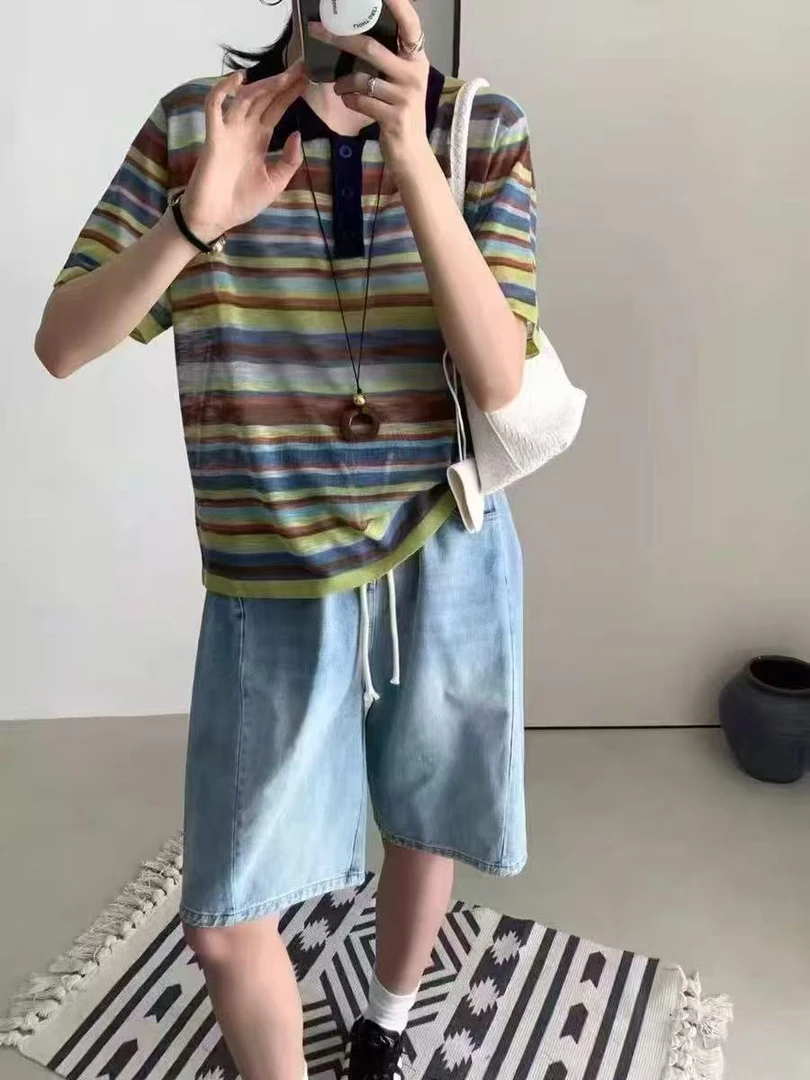娃娃领短袖女修身显瘦条纹毛针织衫宽松型镂空清上衣夏季百搭时尚