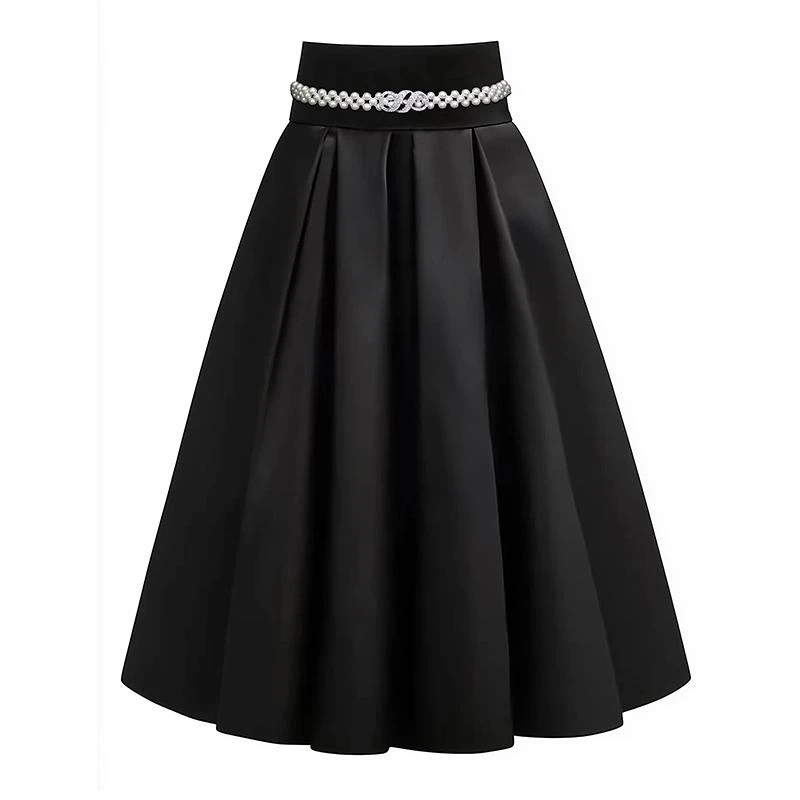 【诗语专属】AUI黑色高腰半裙御姐气质修身大摆裙-24W146650