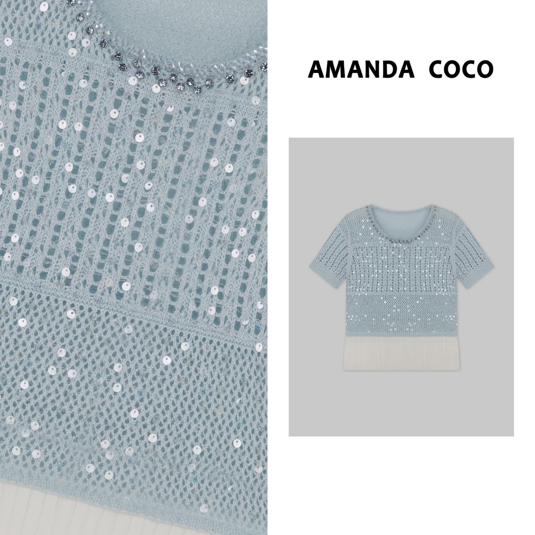 【Lena】清新夏风～钉钻人鱼姬亮片拼纱镂空短袖针织衫