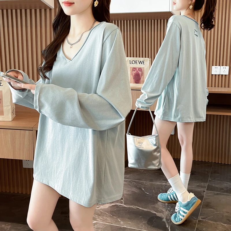 雪花棉V领纯色长袖T恤女春秋新款韩版宽松百搭休闲大码松弛感上衣