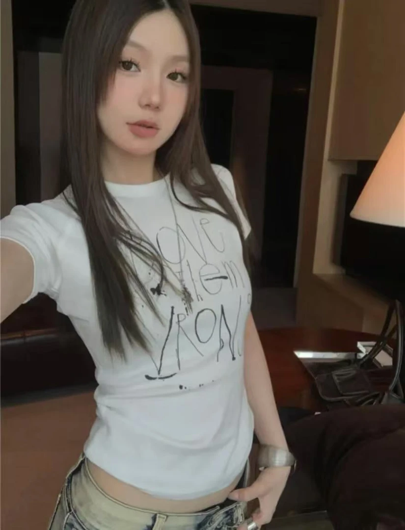 18680美式t恤女夏季新款印花短袖修身显瘦上衣