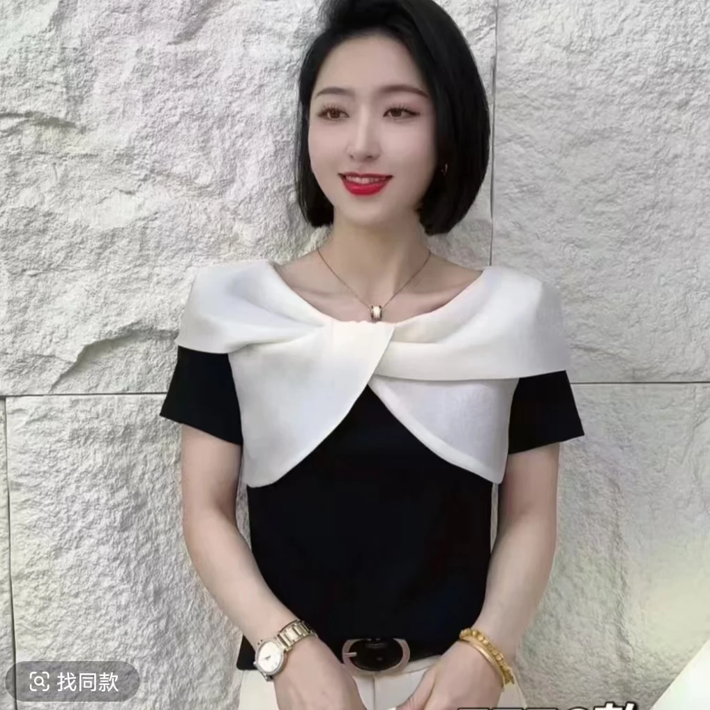 7776夏季新款时尚洋气交叉领短袖T恤短款女士上衣