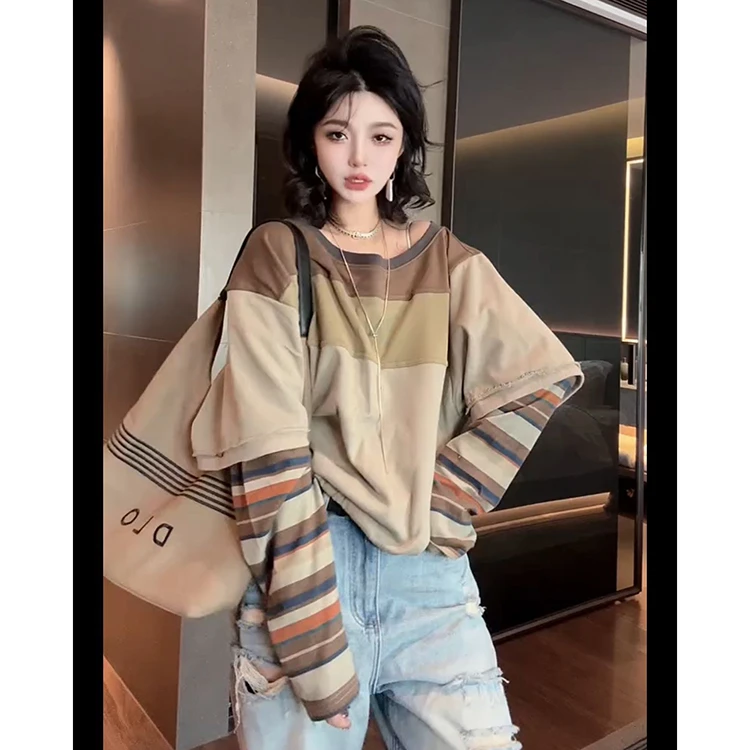 韩系2025秋季新款设计感拼接撞色条纹长袖卫衣女宽松假两件上衣潮