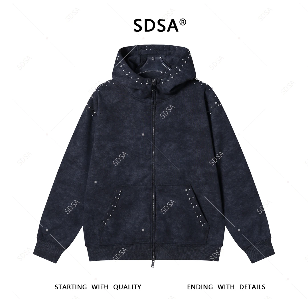 SDSA男士2025新款轻奢痞帅男装扎染立体珠子立领连帽拉链卫衣外套