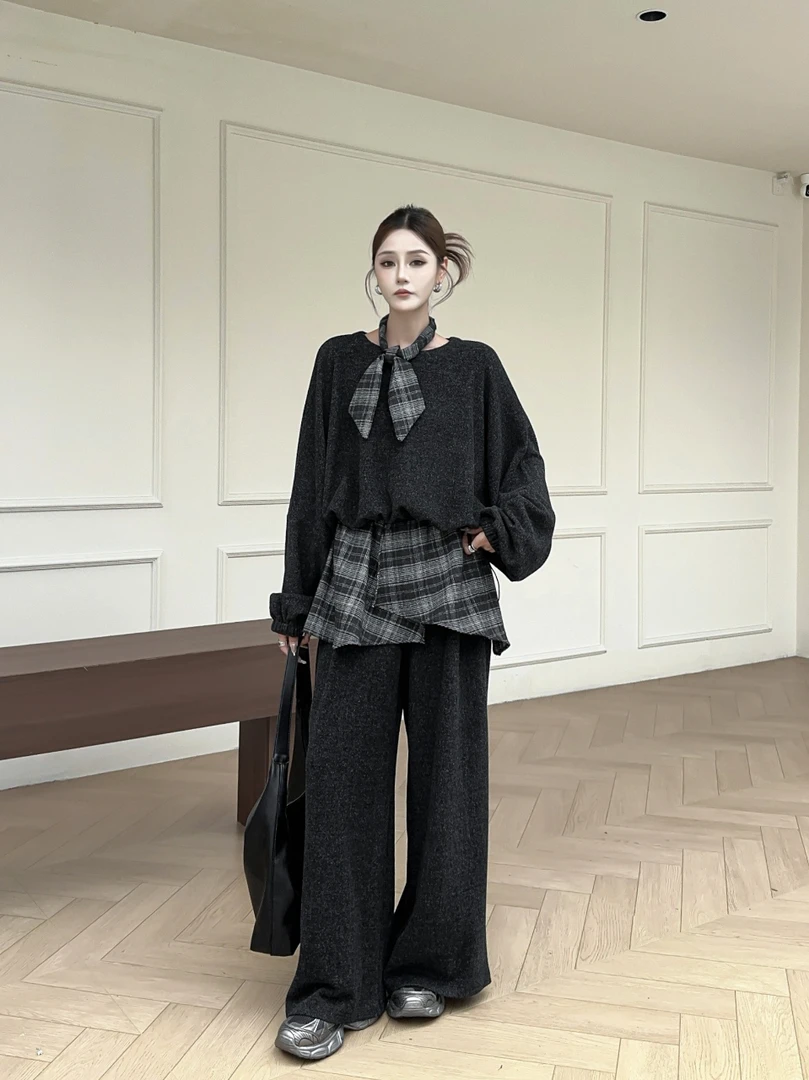 洋气炸街秋冬时尚拼接毛呢宽腿裤女装套装韩版松紧腰送小披肩