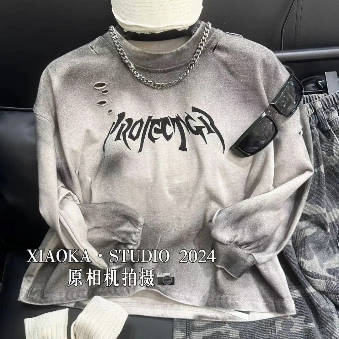 春秋韩版2025款宝宝两件套水洗破坏长袖T恤美式复古喷墨卫衣套装1