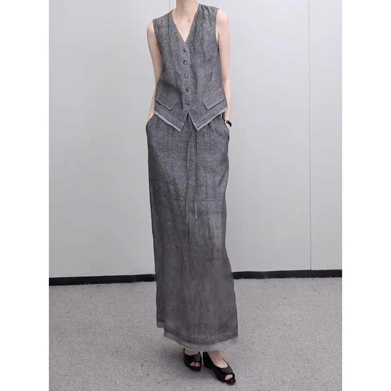 法式高端小香风亚麻套装女夏季气质名媛无袖马甲半身裙两件套洋气